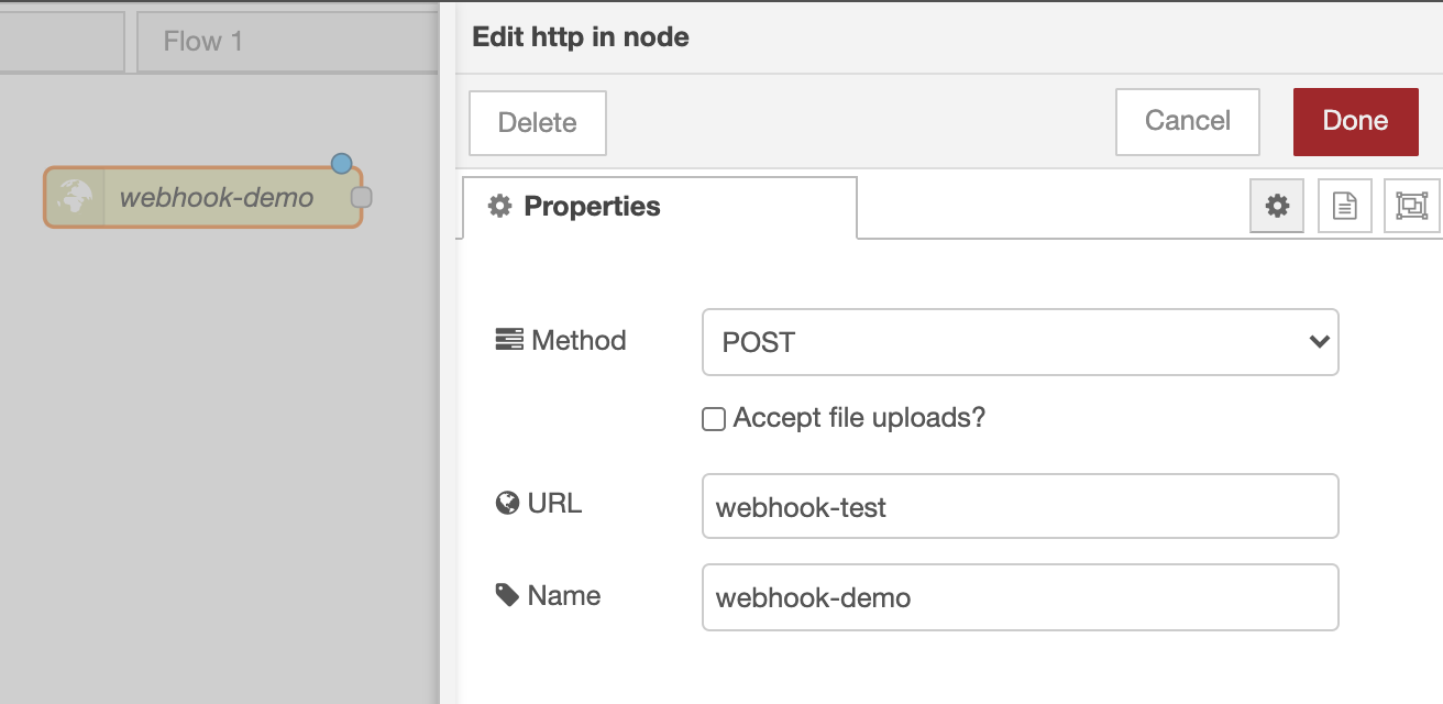 Node Red project setting up a Webhook management system
