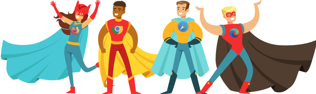 Costume idea of dressing up as a favorite web browser. This image shows men and women dressed up as firefox, chrome, safari and edge. 