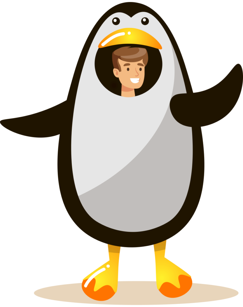 A man dressed up as Tux the linux penguin. 