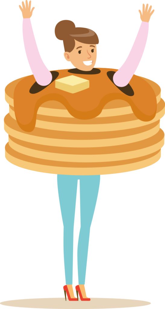 A Halloween costume of a full stack developer. A woman is wearing a full stack of pancakes costume. 