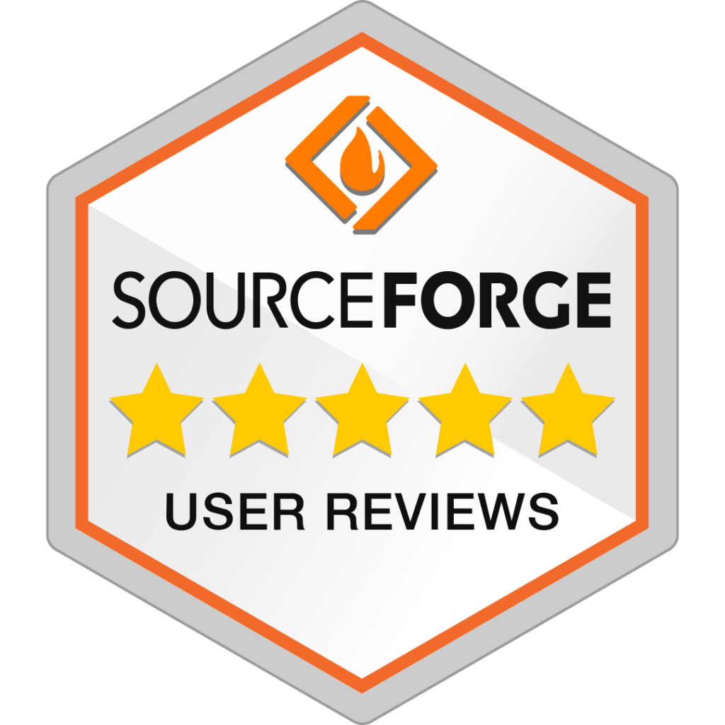 Sourceforge five stars user reviews  Sourceforge Badge