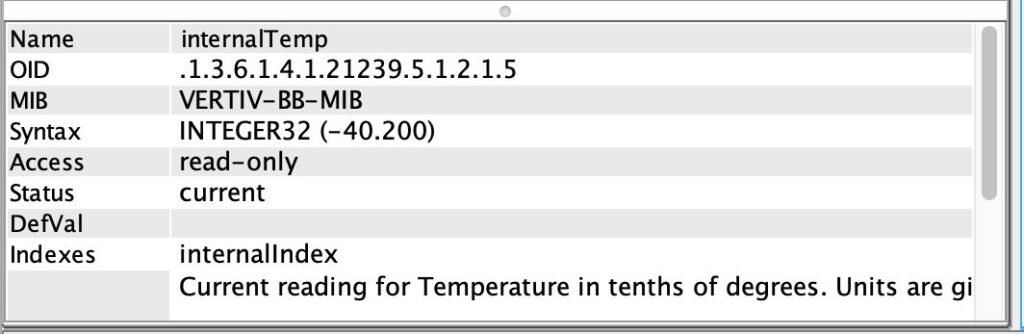 Image of current reading for SNMP temperature sensors: 986 is 98.6 degrees Fahrenheit